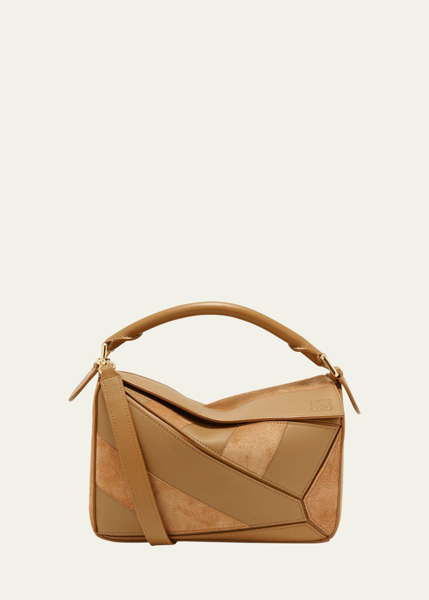 puzzle small striped top-handle bag in leather & suede
