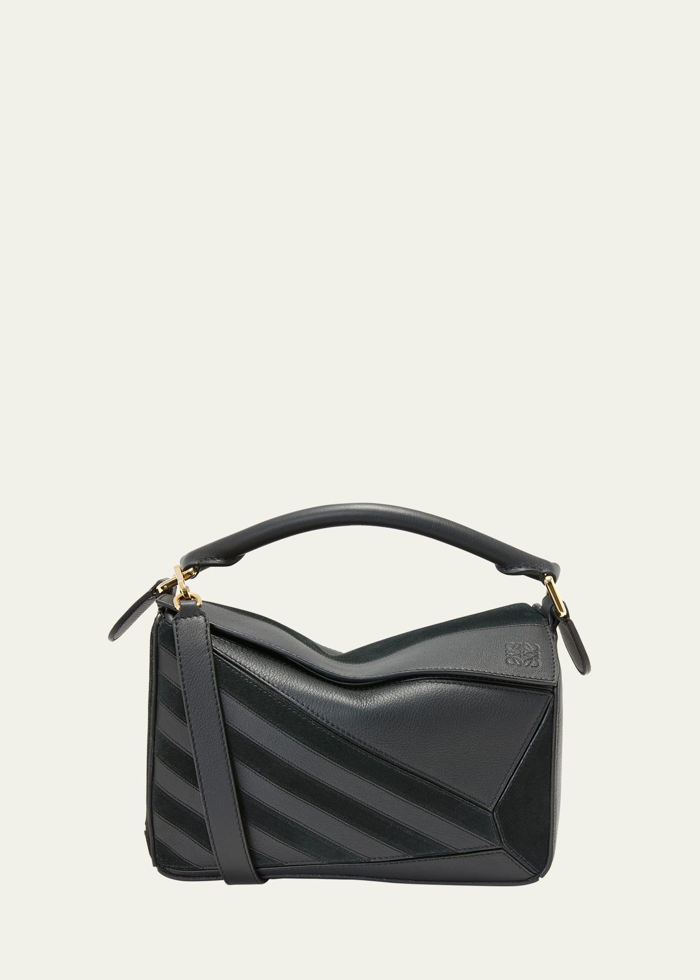 puzzle small striped top-handle bag in leather & suede