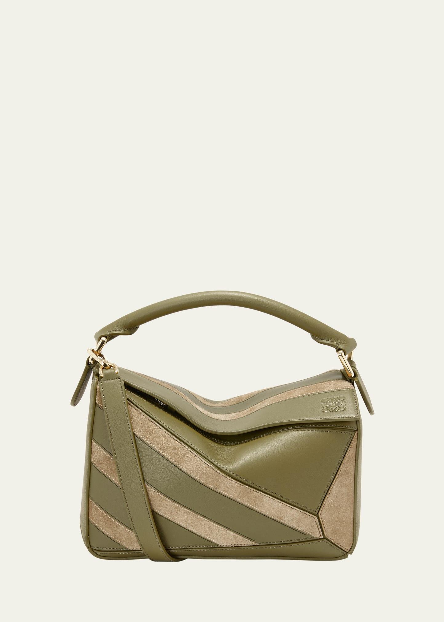 puzzle top-handle bag in striped leather