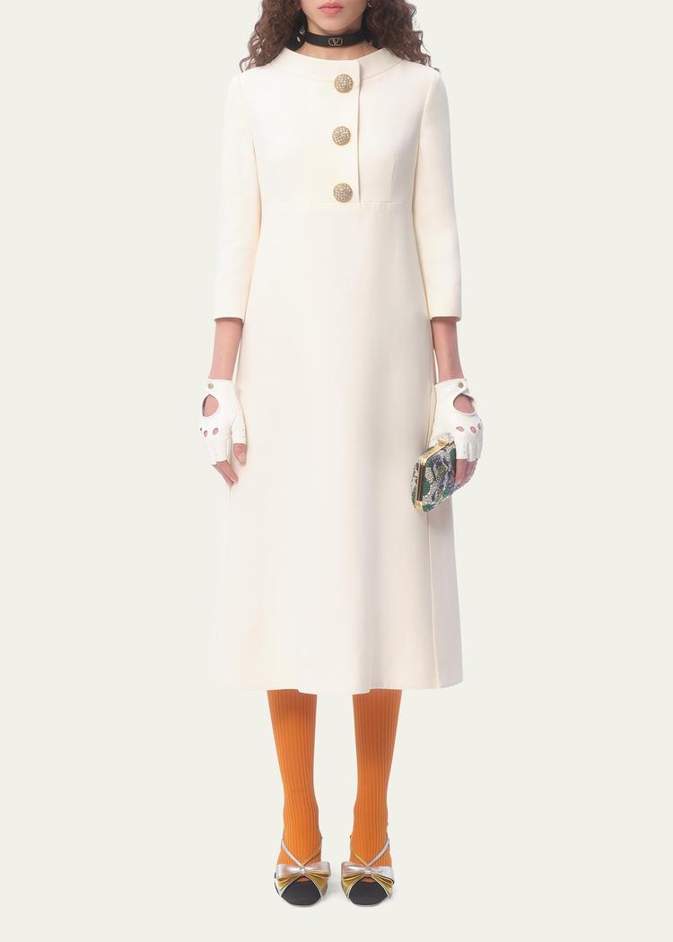 quarter-sleeve brooch wool midi dress