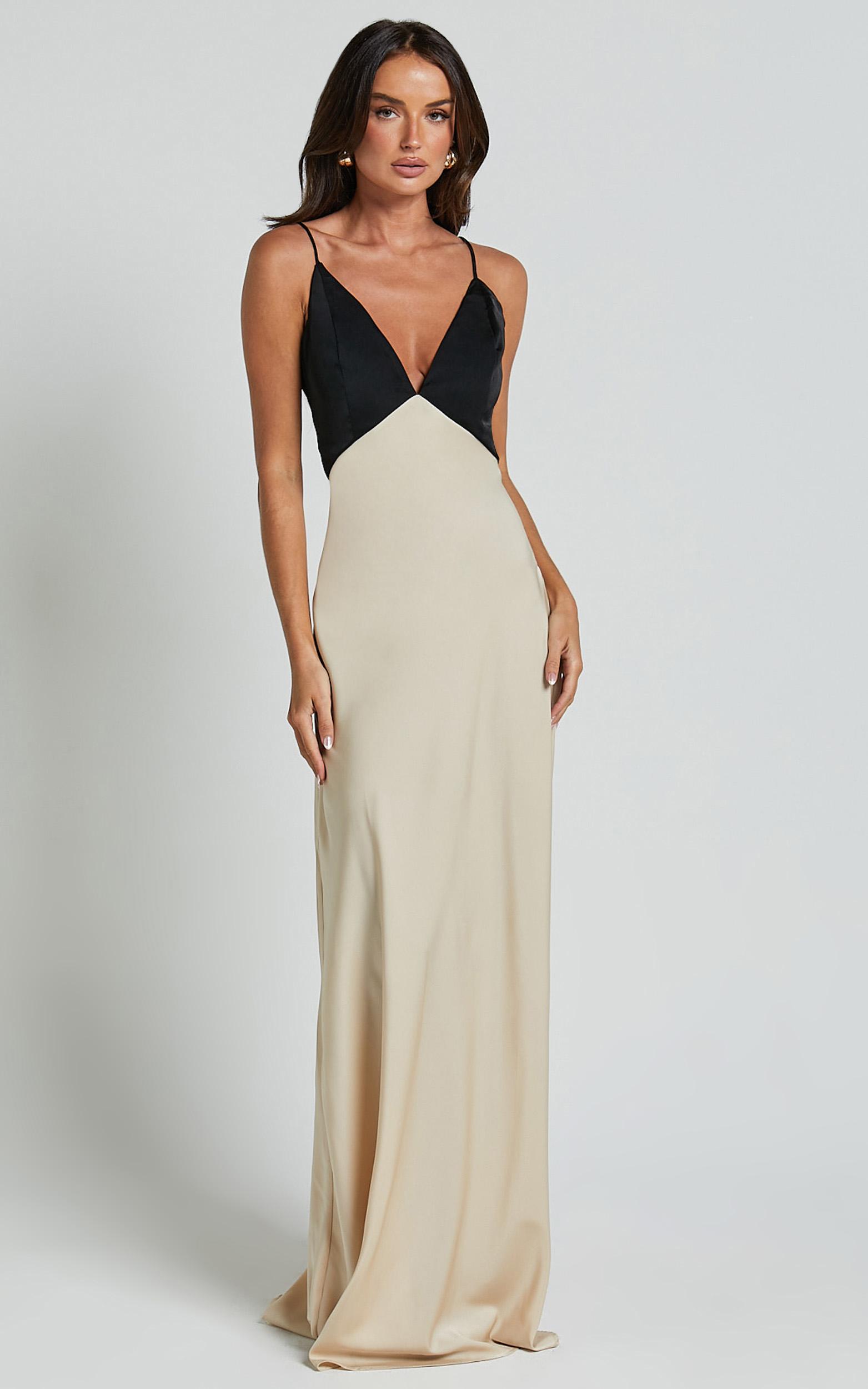 quincy maxi dress - satin slip dress in black/champagne