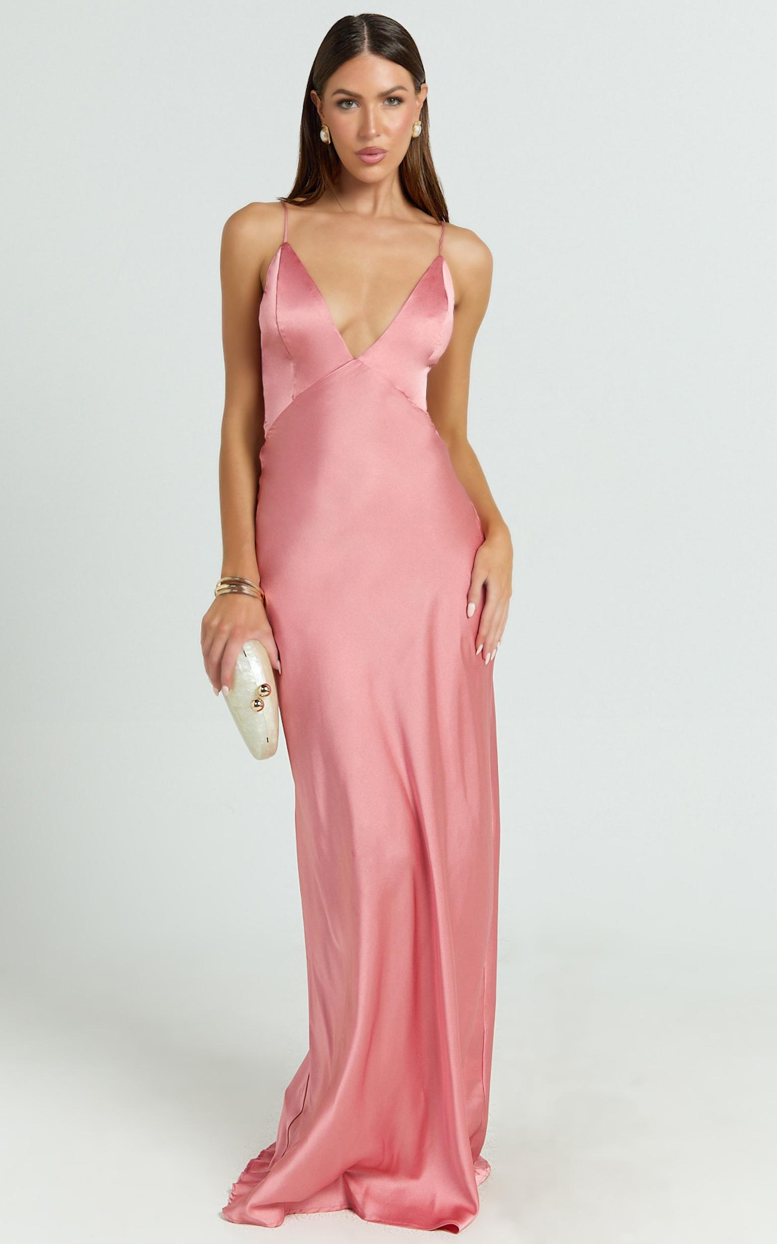 quincy maxi dress - satin slip dress in pink