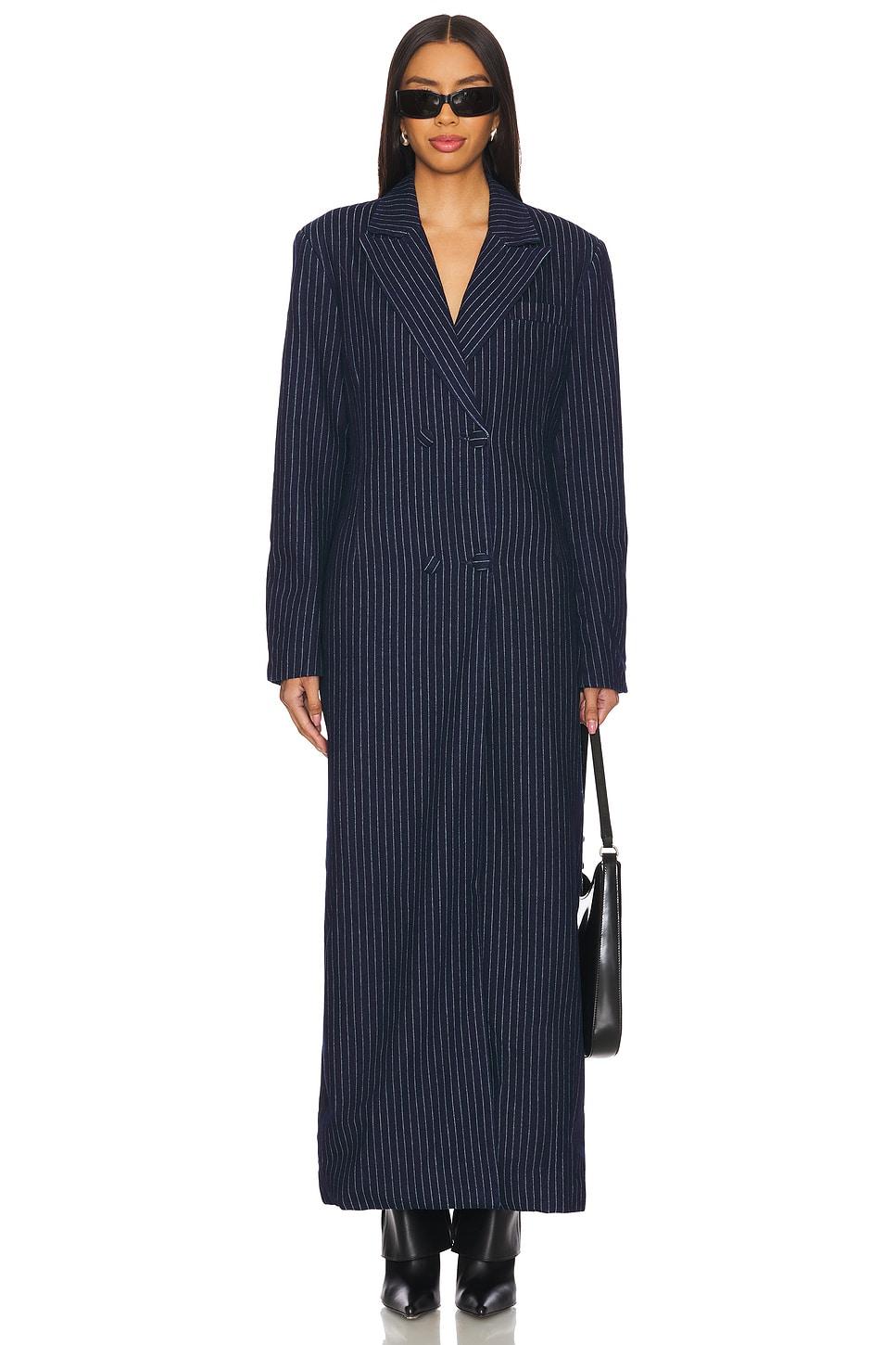 quinn fitted maxi blazer coat in tex denim jacquard pinstripe