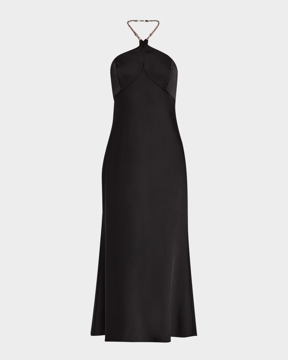 quinn rhinestone-strap satin halter midi dress