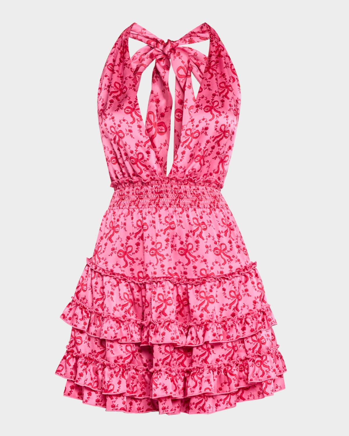 quintelle silk bow-printed halter mini dress