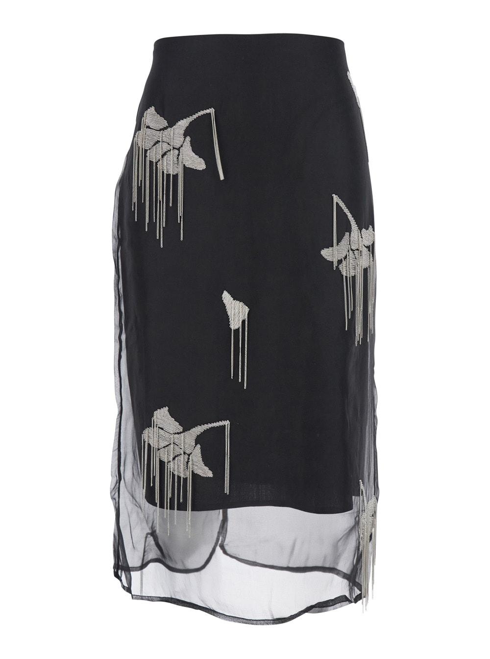 róhe black skirt with all-over embellishment and rear single vent in silk blend woman