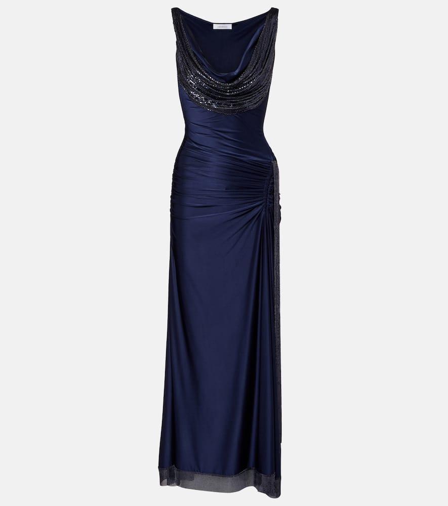 rabanne embellished gathered satin maxi dress