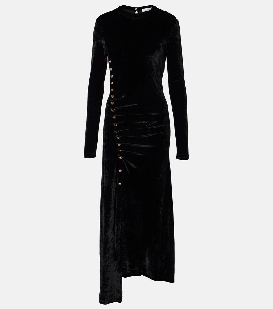 rabanne embellished ruched velvet midi dress