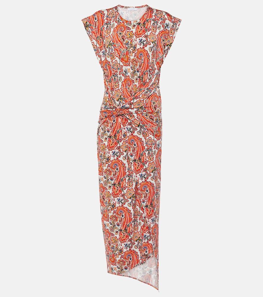rabanne gathered paisley jersey midi dress