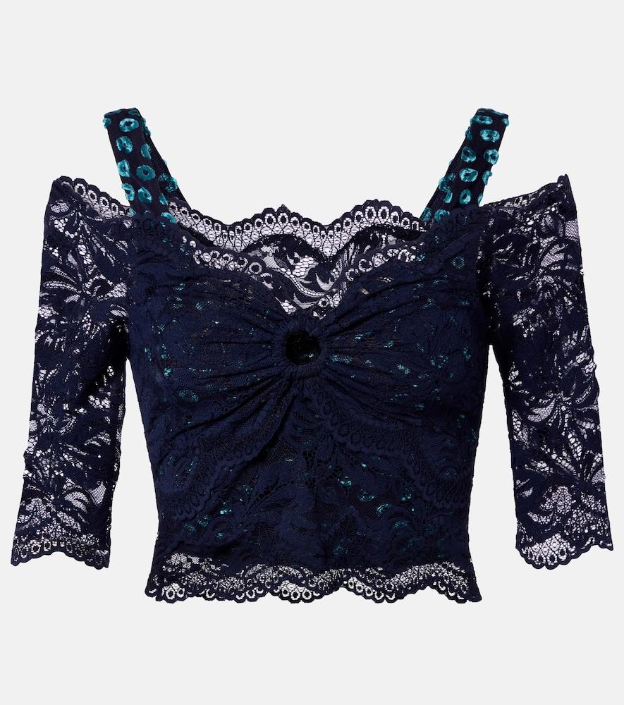 rabanne trompe l'ail lace and velvet crop top