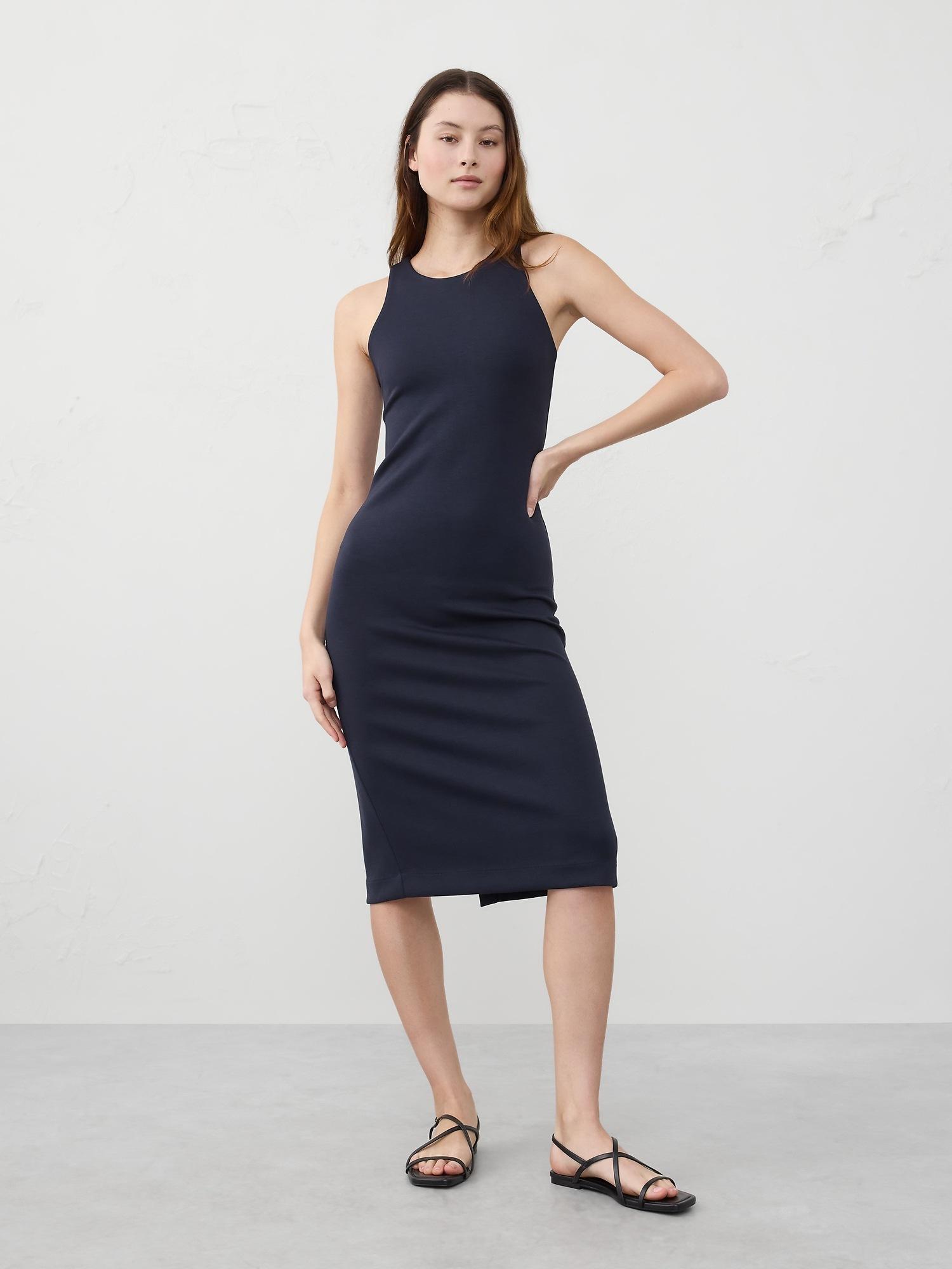 racer-neck knit midi dress