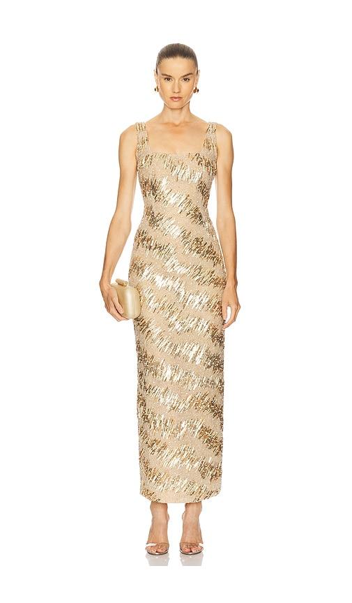 rachel gilbert marcel gown in metallic gold.