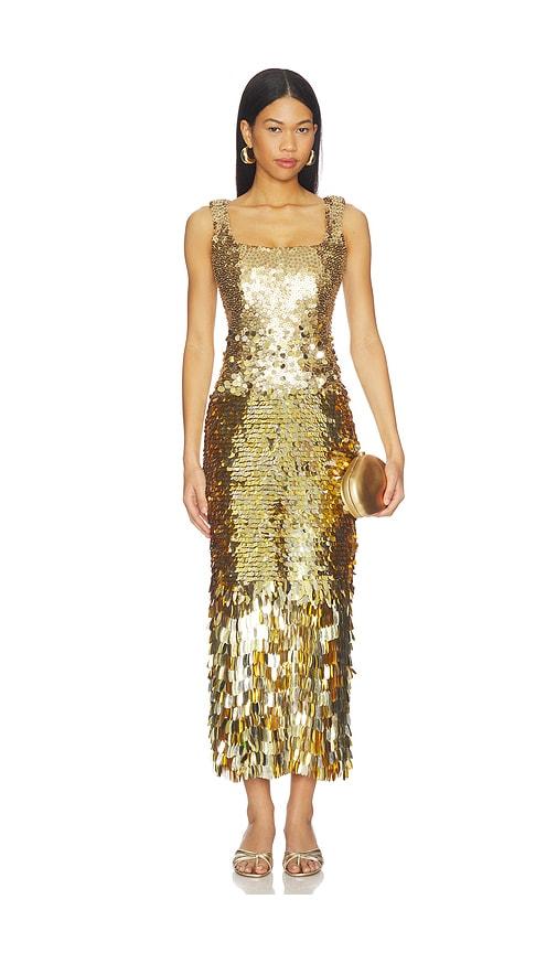 rachel gilbert remy dress in metallic gold.