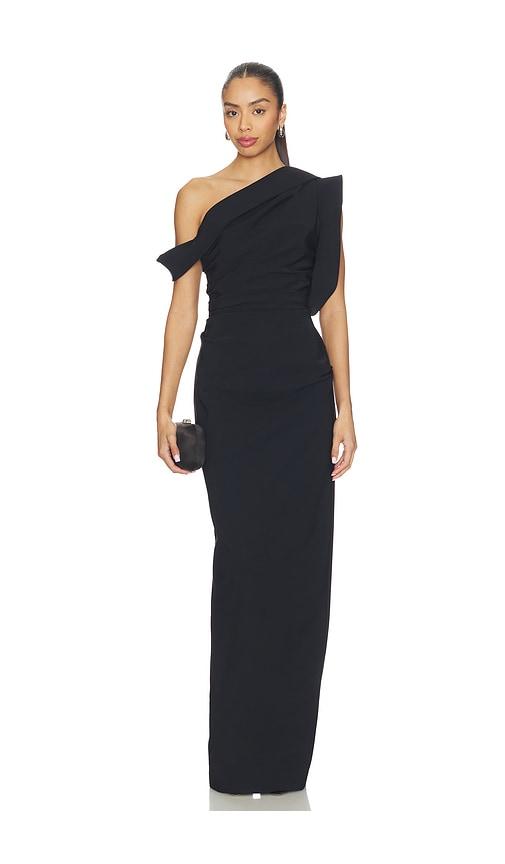 rachel gilbert rowana one shoulder gown in black.