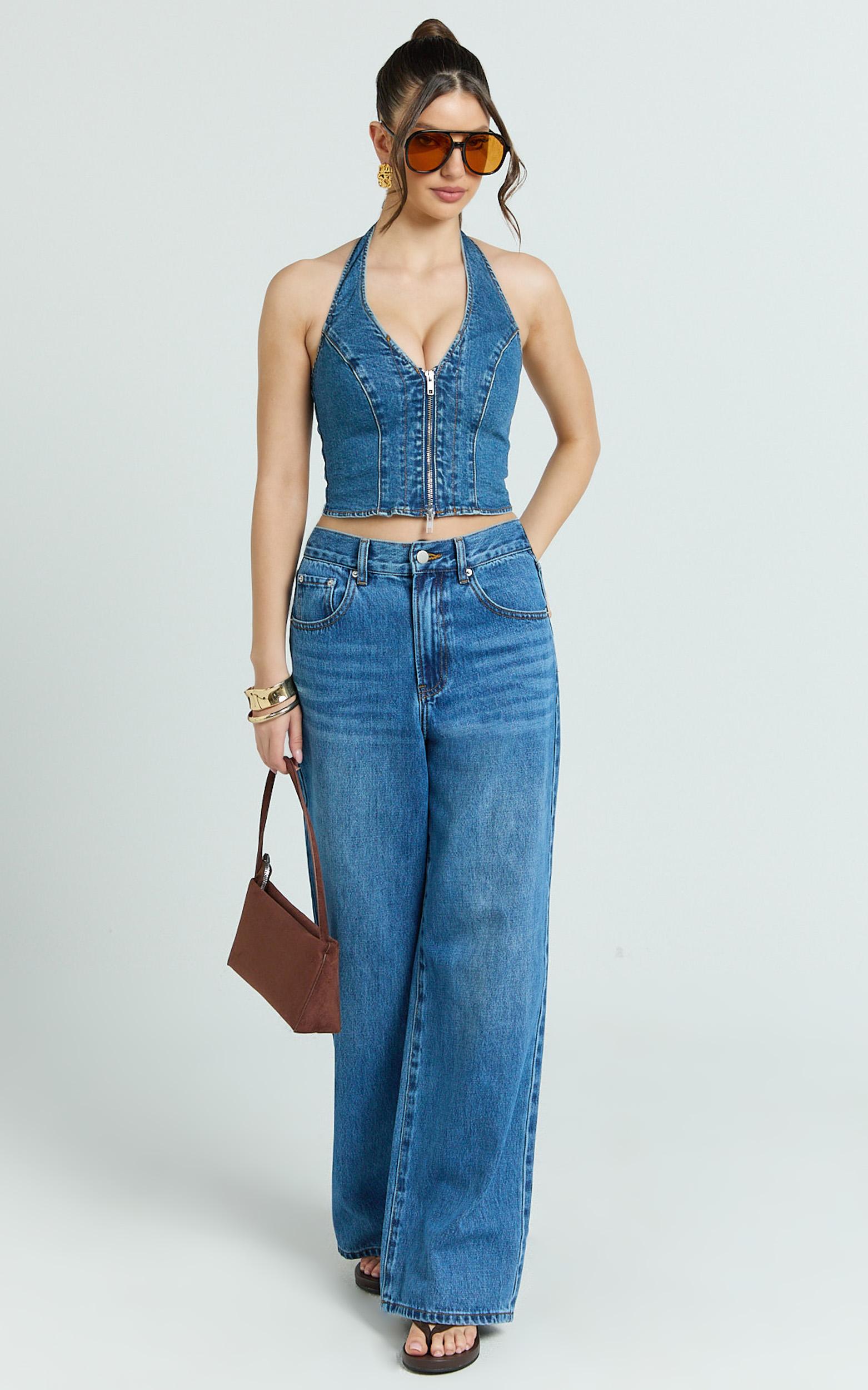 rachel jeans - cinch waist wide leg denim jeans in mid vintage wash
