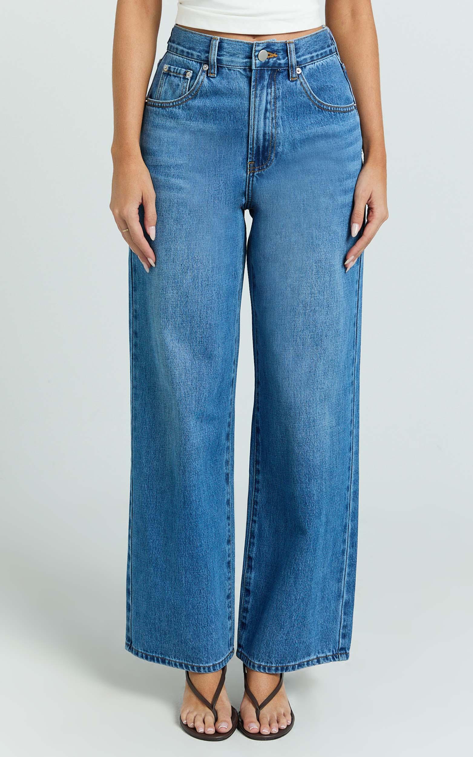 rachel jeans - cinch waist wide leg denim jeans in mid vintage wash