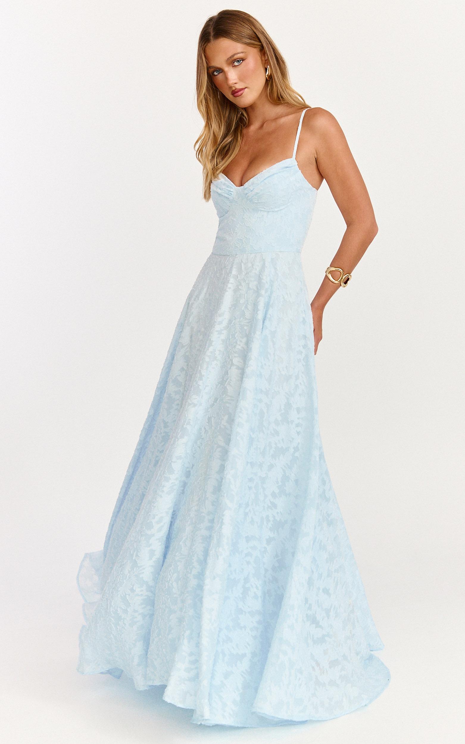 rachel maxi dress - sweetheart neckline jacquard front split dress in ice blue
