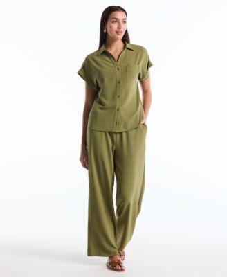 rafaella petite roll short sleeve shirt drawstring wide leg pants