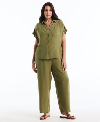 rafaella plus size roll short sleeve shirt drawstring wide leg pants