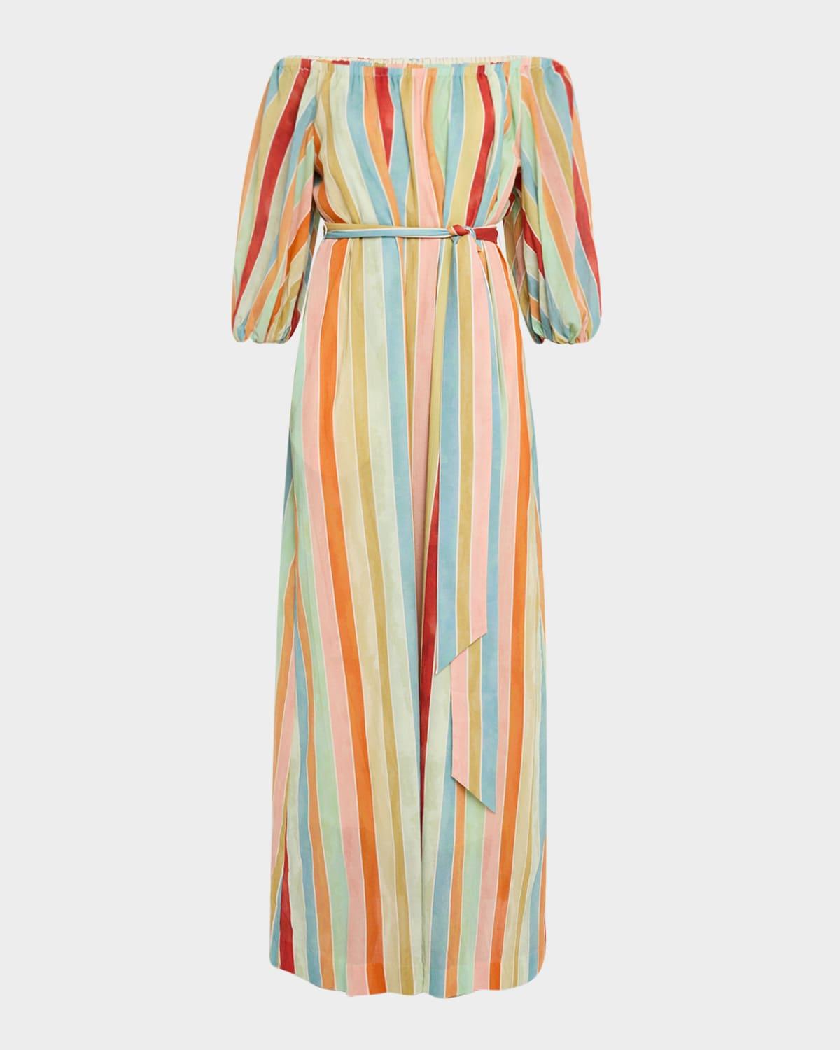 rafaella striped off-shoulder cotton maxi dress