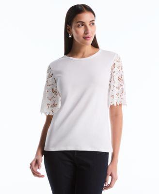 rafaella womens draped lace crew neck top
