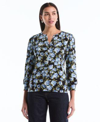 rafaella womens floral print shirred henley neck top