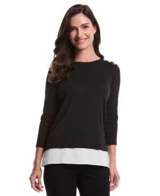 rafaella womens rivet detail mixed media layered 3 4 sleeve top