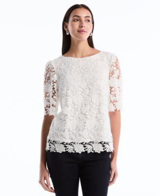 rafaella womens scalloped elbow sleeve lace top