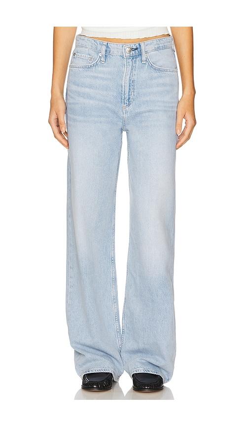 rag & bone featherweight logan mid rise wide leg jeans in blue.