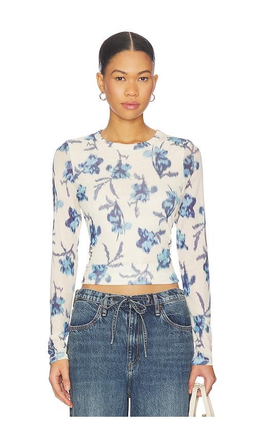 rag & bone yana printed mesh long sleeve tee in ivory,blue.