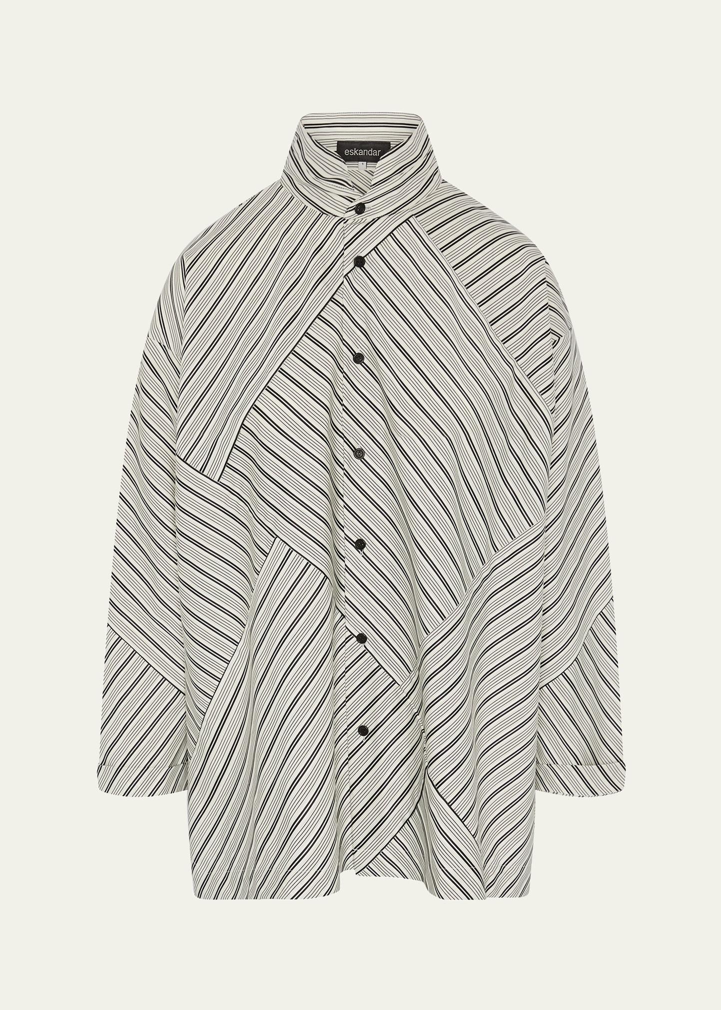 raised twist stripe patchwork slim a-line double stand-collar shirt with stepped insert (long length)