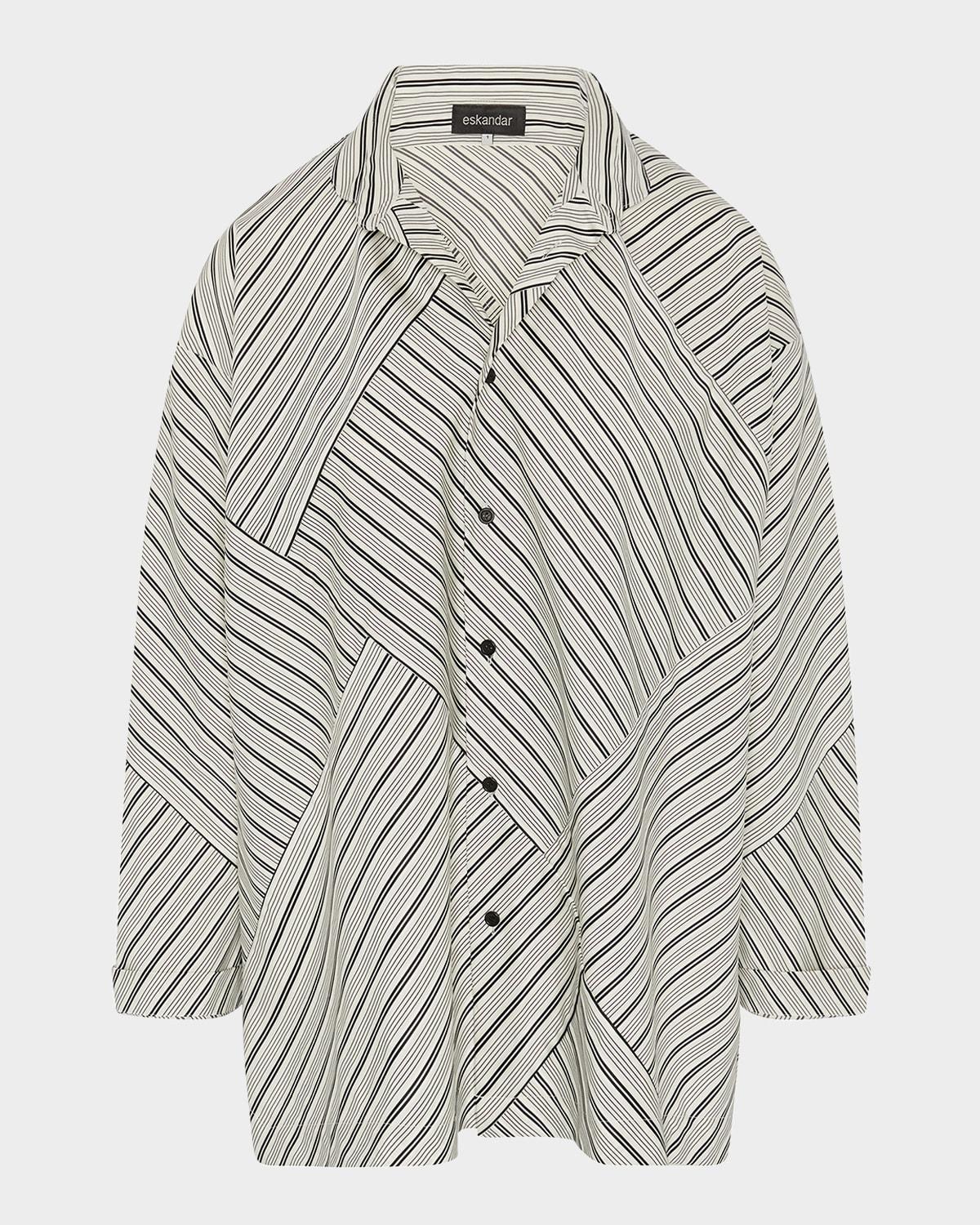 raised twist stripe patchwork slim a-line double stand-collar shirt with stepped insert (long length)