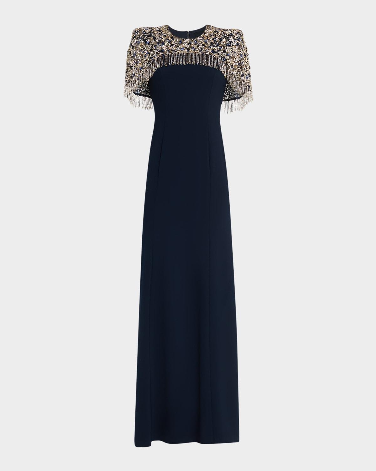 rana embellished cape trumpet gown