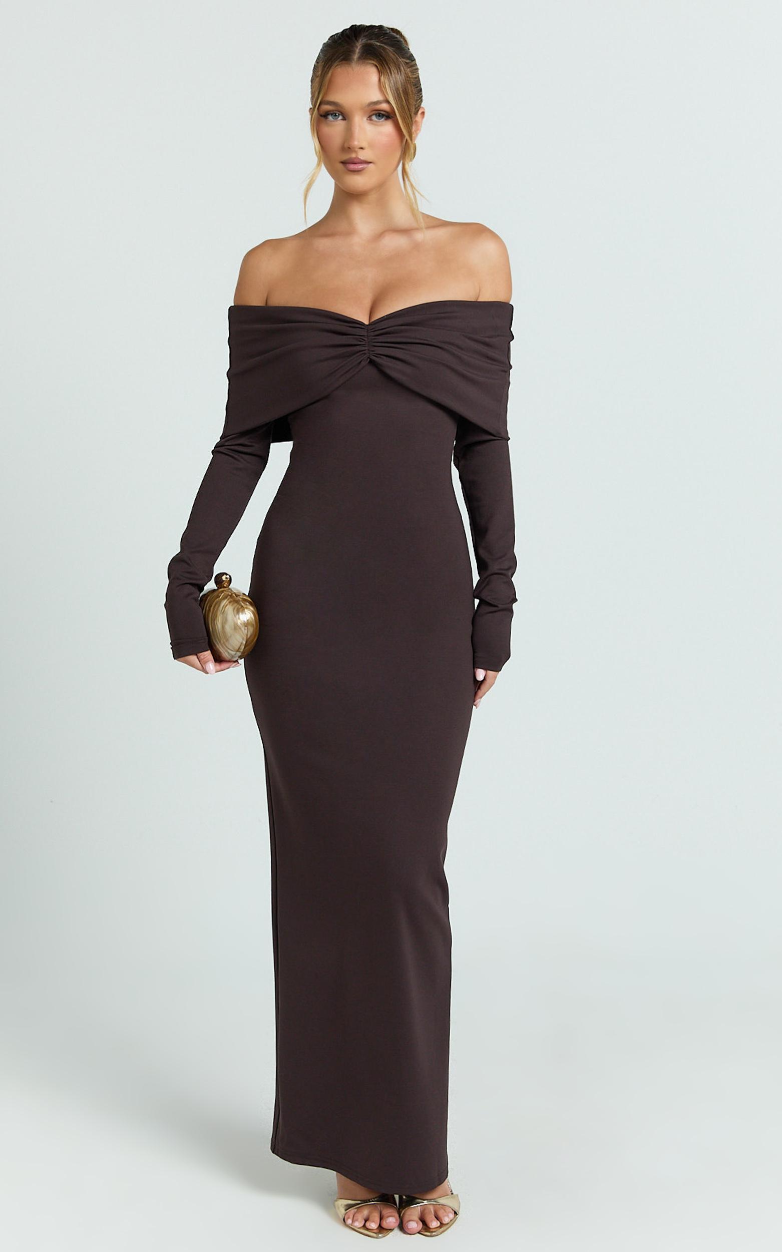 rani maxi dress - off shoulder long sleeve bodycon dress in chocolate