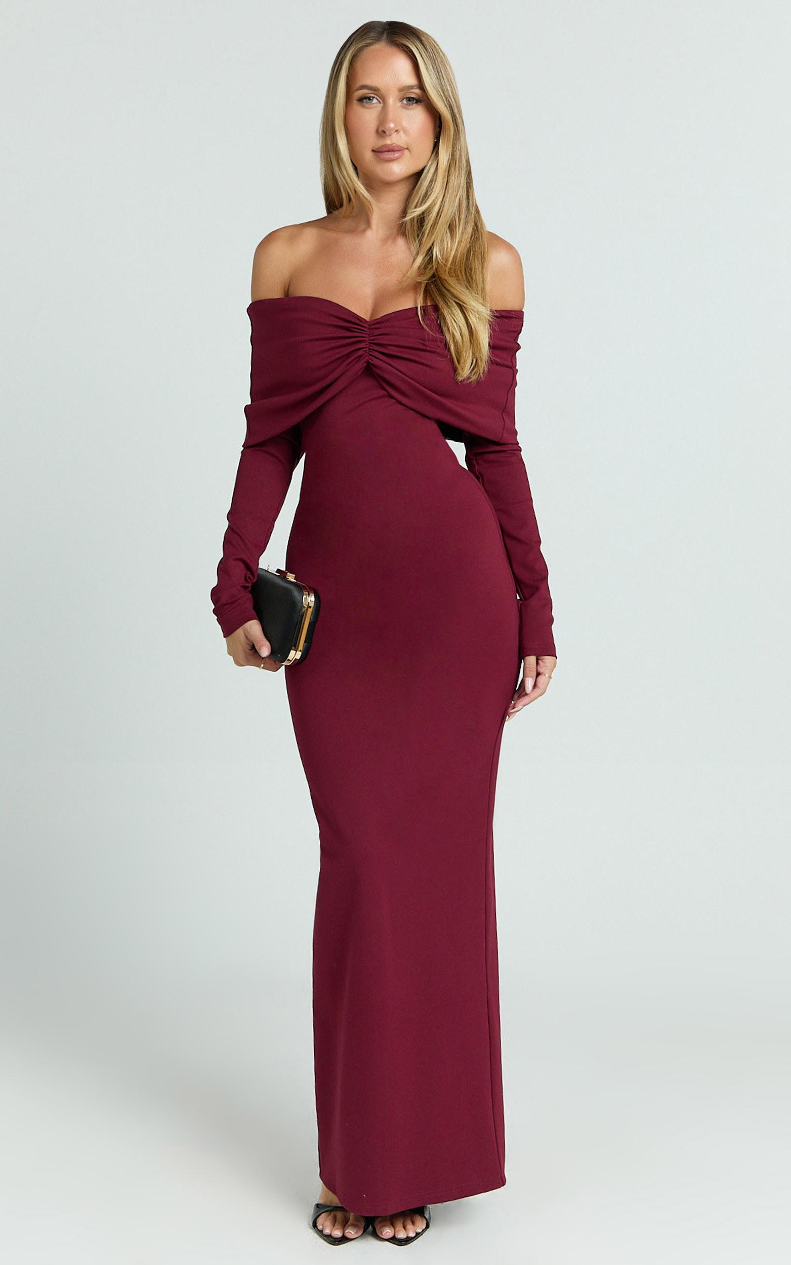 rani maxi dress - off shoulder long sleeve bodycon dress in wine