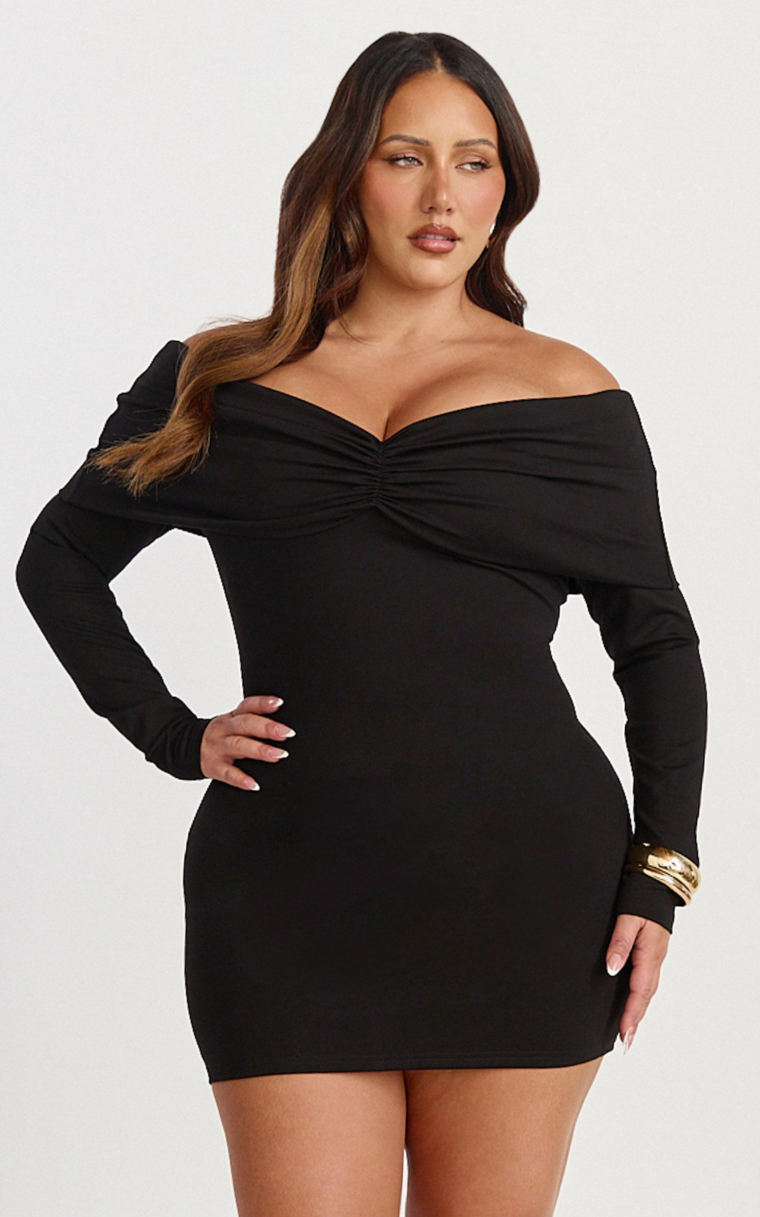 rani mini dress - off shoulder long sleeve bodycon dress in black