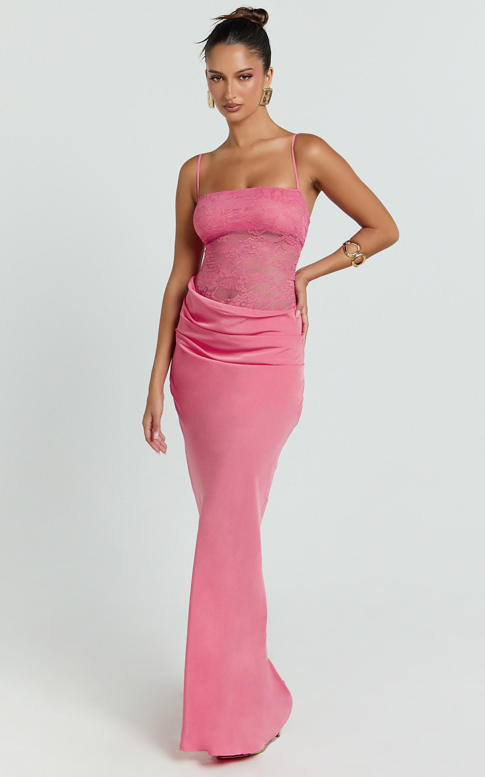 rania maxi dress - contrast lace bodice bias cowl drop waist dress in dark pink