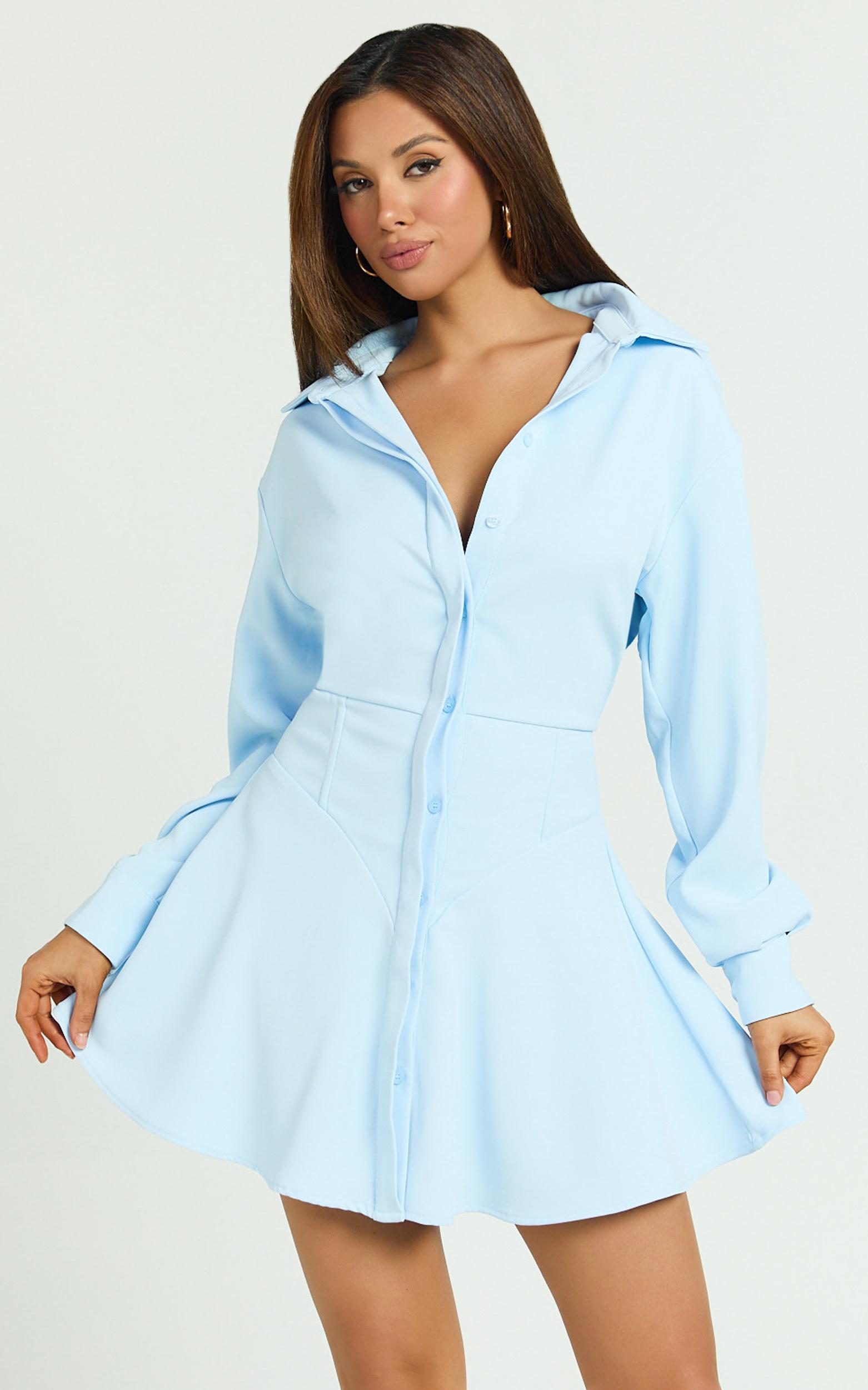 raquel mini dress - collared long sleeve fit and flare shirt dress in cornflower blue