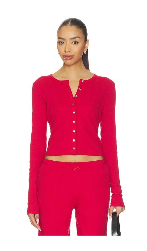 rat boi pointelle cardigan in red.