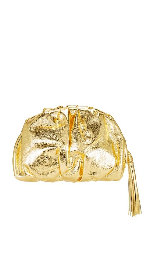rebecca minkoff ruched clutch in metallic gold.