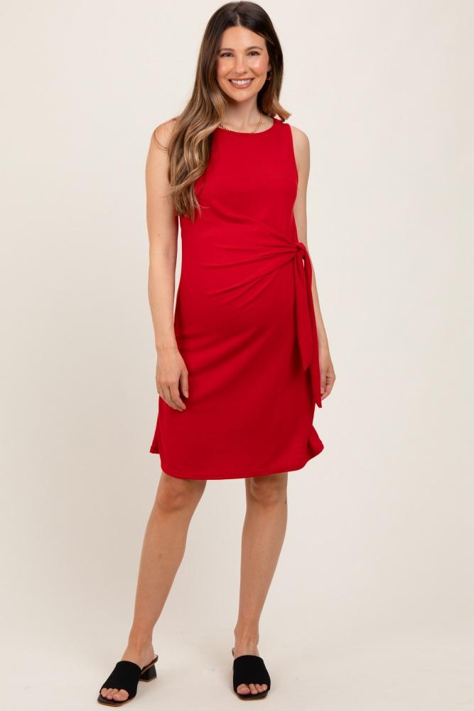 red boat neck sleeveless side tie maternity mini dress