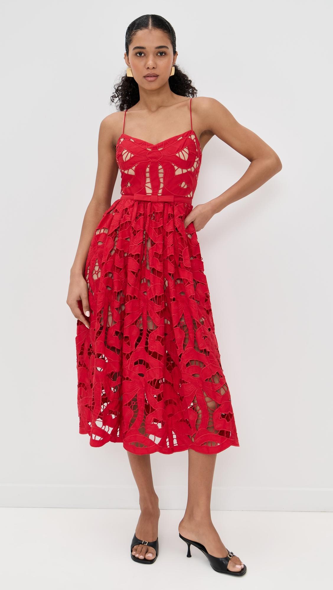 red bow embroidered midi dress