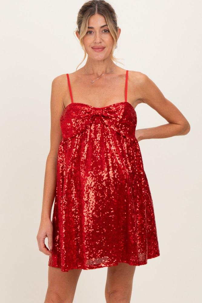 red bow front sleeveless sequin maternity mini dress