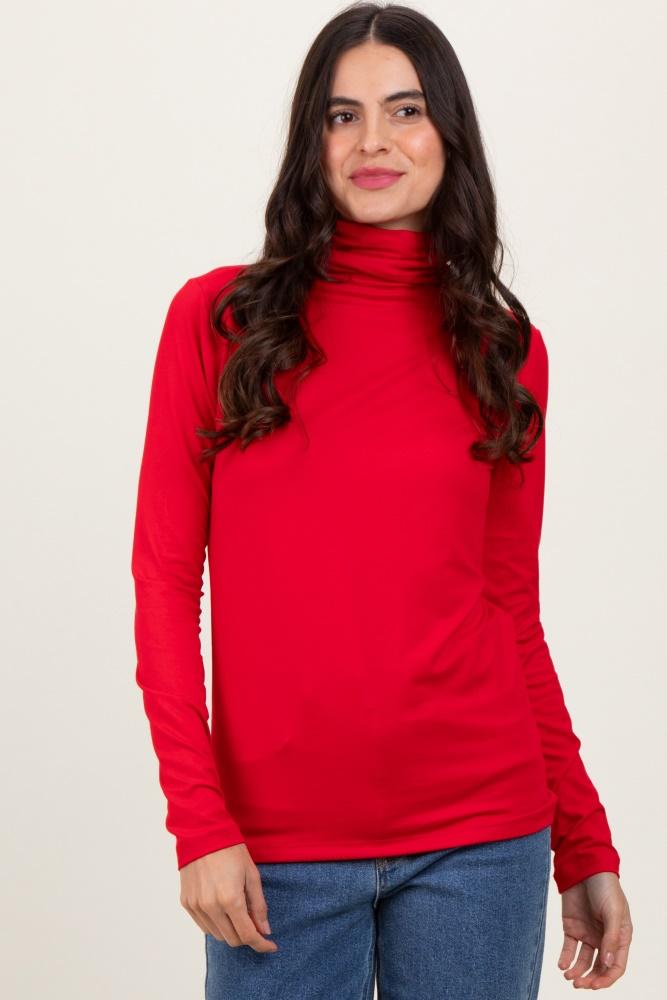 red brushed knit basic turtleneck top