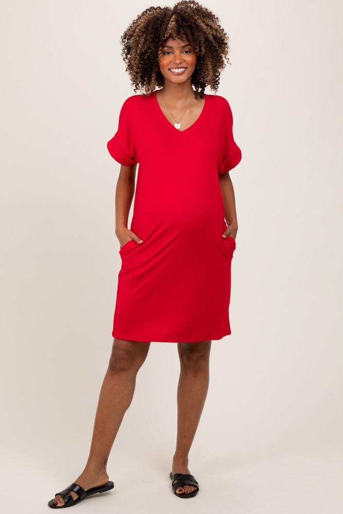 red brushed rolled short sleeve v-neck maternity dress