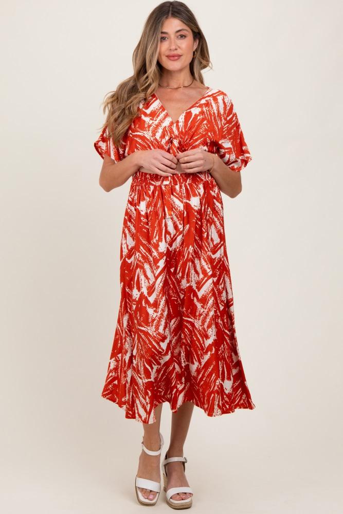 red brushstroke print cutout maternity midi dress