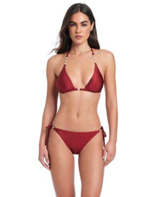 red carter pearls of wisdom classic triangle bikini halter top cheeky coverage tie side bottom
