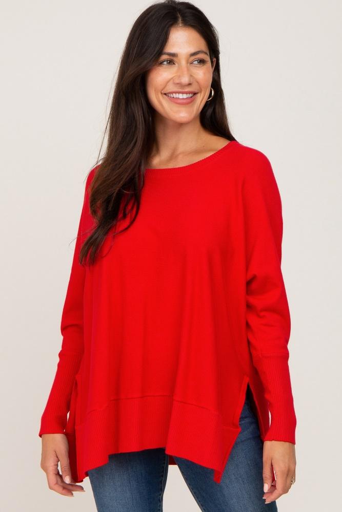 red dolman sleeve side slit sweater
