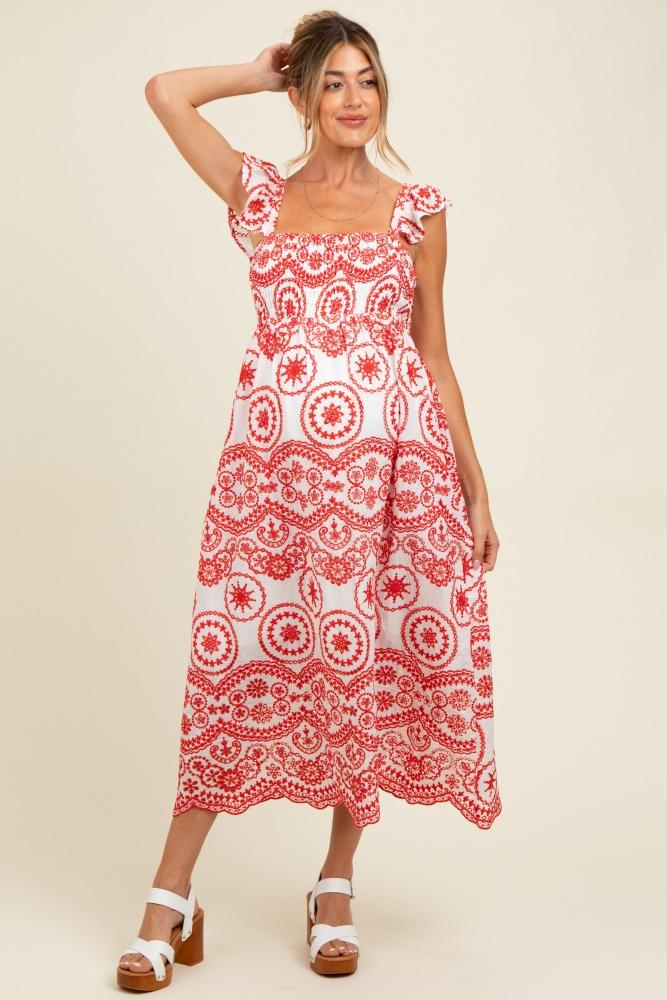 red embroidered smocked cutout maternity midi dress