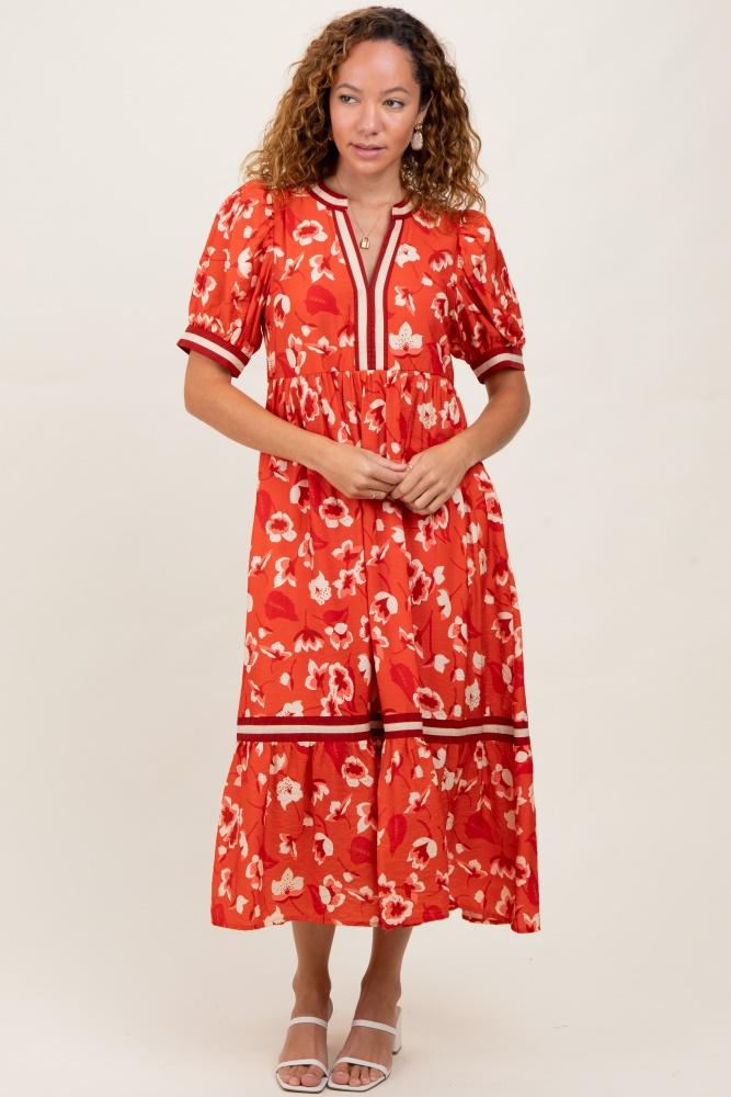 red floral contrast trim midi dress